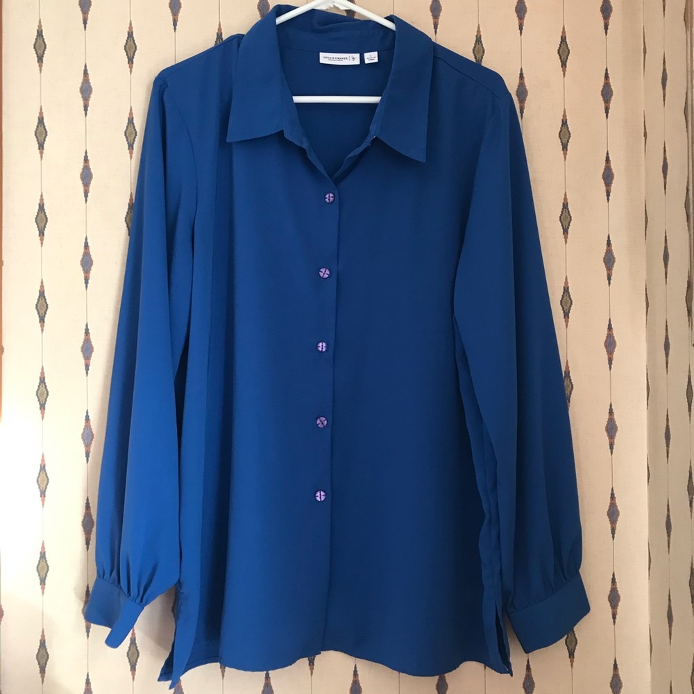 Susan Graver Blue Button Down Blouse, Large